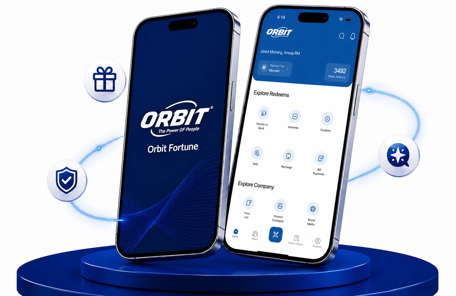 Orbit Fortune app — splash screen and rewards dashboard with wallet balance and redeem options